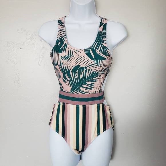 Cupshe Women's Small One Piece Swim Swimming Suit Pink Green Tropical Stripe - Picture 1 of 11